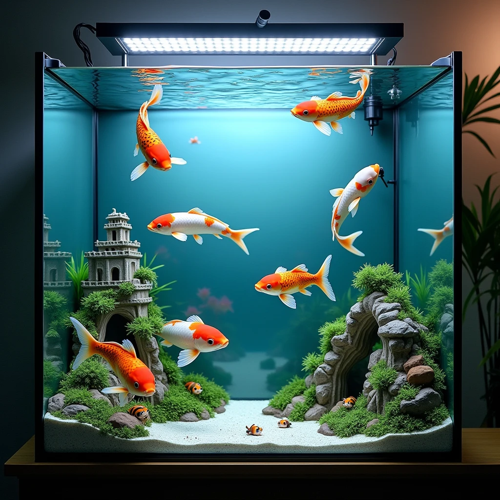 Home aquarium with different koi fish, The aquarium should be facing forward, with aquarium plants, ornaments (miniature castles and divers) and with a palette of cool colors