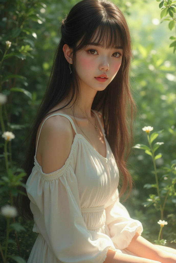 A brunette girl with straight, very long hair, blunt bangs.
She is wearing a white dress. Her eyes are brown. She has beauty marks.
She is in nature.
She is barefeet.
She is very beautiful.