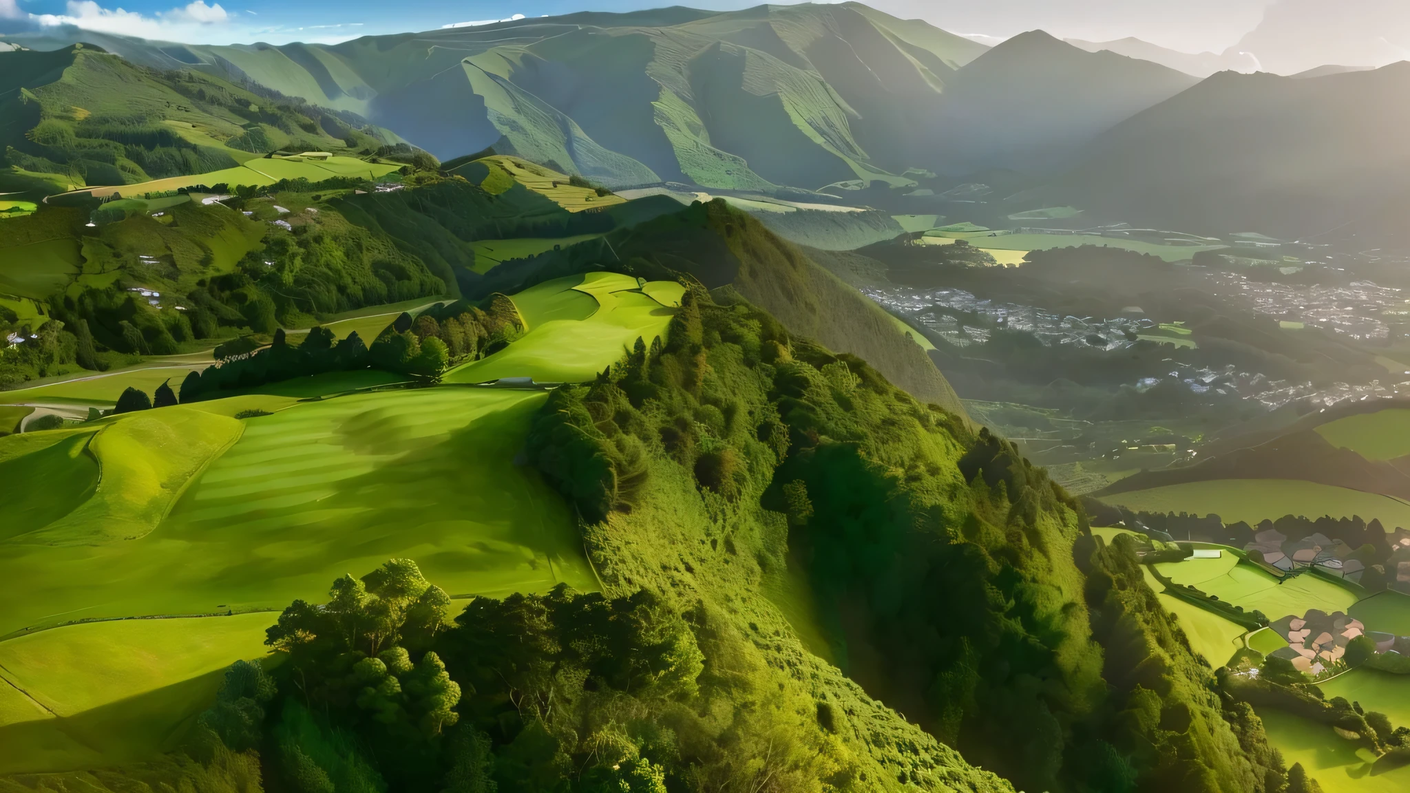 a view of a valley with a golf course and a village in the distance, azores, green valley below, lush countryside, lush valley, royal green and nature light, lush scenery, overlooking a valley with trees, lush forest in valley below, beautiful environment, mountainous setting, rolling green hills, green hills, stunning scenery, reunion island landscape