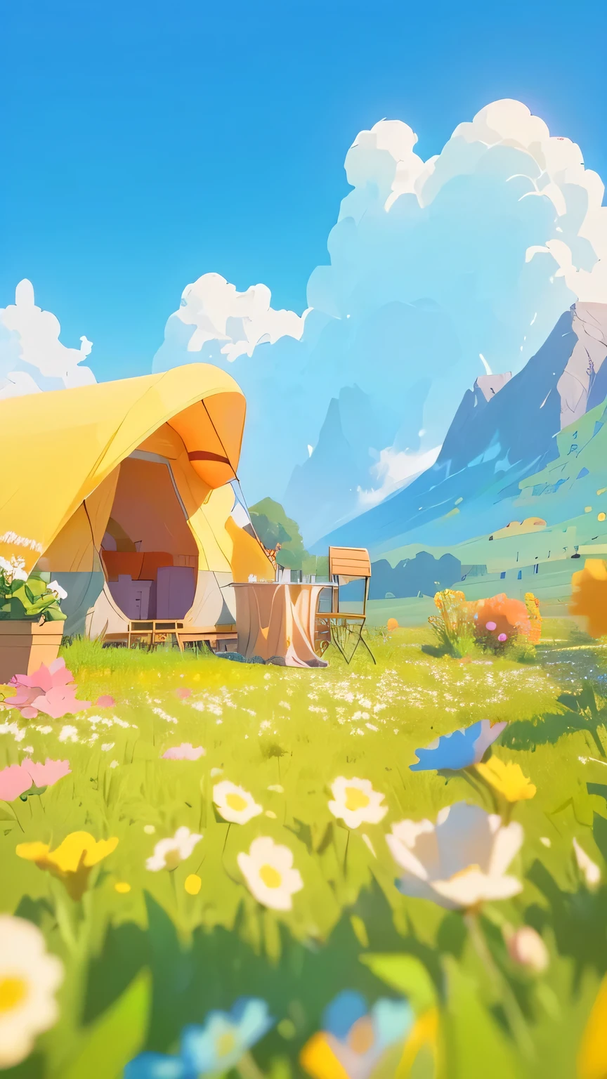 there is a tent and a table in a field with flowers, atey ghailan 8 k, super detailed color lowpoly art, animation style render, lofi artstyle, inspired by Atey Ghailan, relaxing concept art, colorful concept art, in style of atey ghailan, 3 d render beeple, 8k high quality detailed art, background art