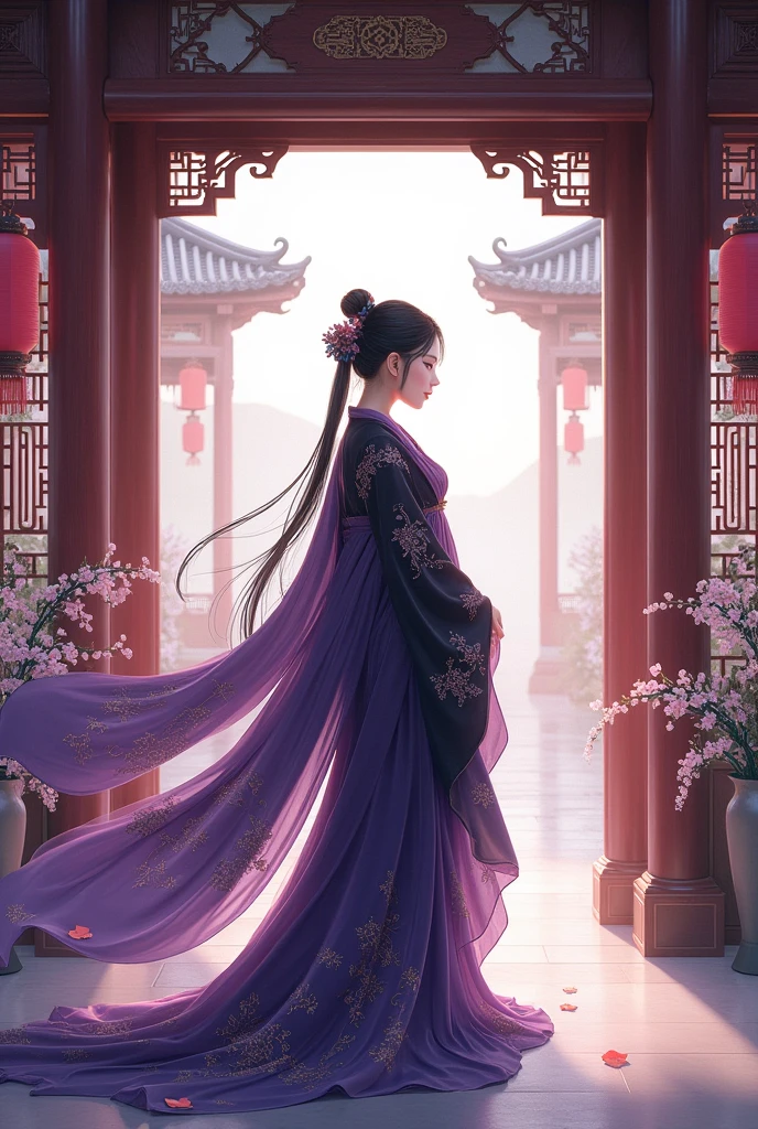 A girl, wearing a purple and black robe, stands in a Chinese-style building