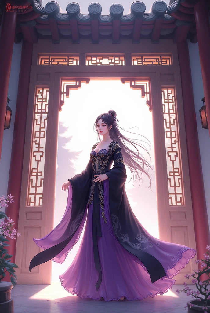 A girl, wearing a purple and black robe, stands in a Chinese-style building