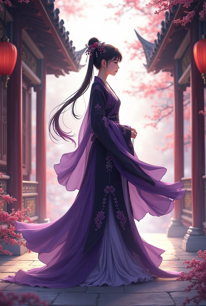 A girl, wearing a purple and black robe, stands in a Chinese-style building