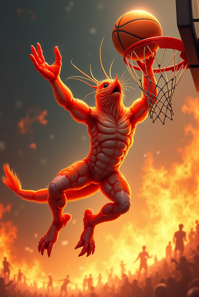 Shrimp doing basketball dunk on fire
