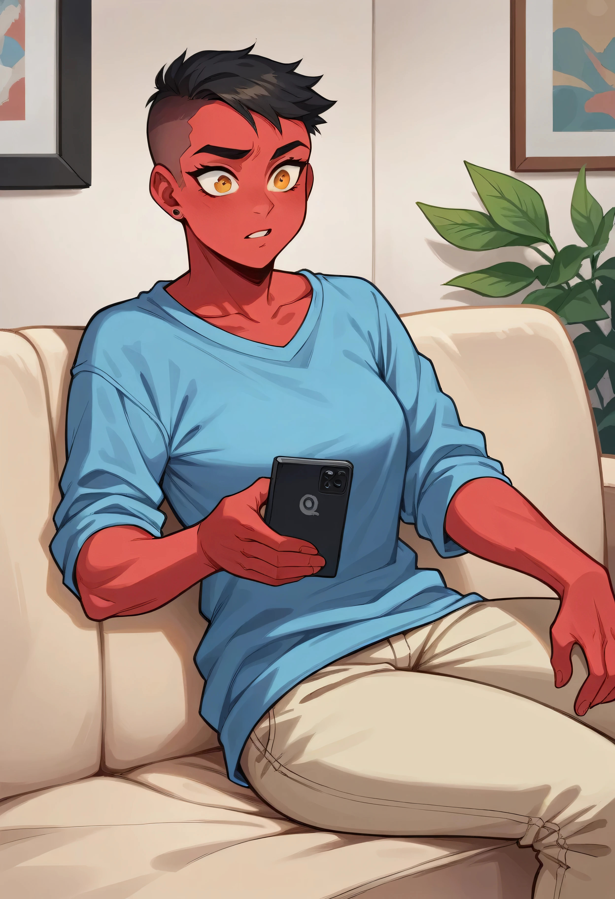 Comic book style illustration of Redna Clareta, a girl with red skin from the universe of Orios, sitting on a couch and deeply engrossed in her smartphone. Her hair is dark black, cut in a square style, framing her amber eyes. She is wearing a casual blue sweatshirt. The setting is a modern, cozy living room, emphasizing her relaxed posture and focused expression.