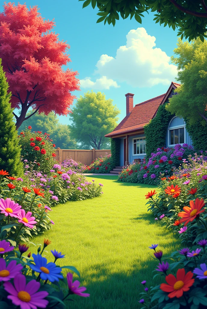 environment on an outdoor lawn with flowers and trees full of life rural style psychedelic colors bright lighting from the sun puts the name uncle harry colorful and lively and alive