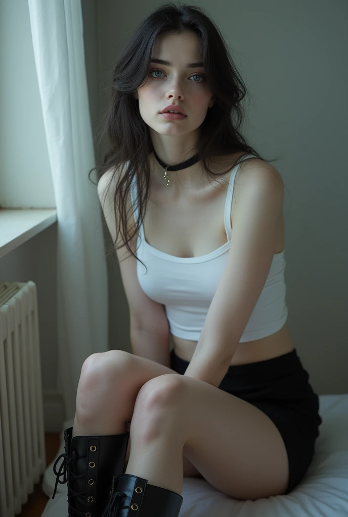 A (((full-body))) picture of an ethereally beautiful 1 girl. She has youthful caucasian features and ((very pale white skin)). Her eyes are a striking blue, and she is wearing ((heavy black eye makeup)). She has a very slim body with long thin legs and large round breasts. She is wearing a tight white crop top, a very short black miniskirt, and black boots. She is sitting in a provocative pose that shows off her legs, and her (((whole body from head to toe))) is shown in the photo.