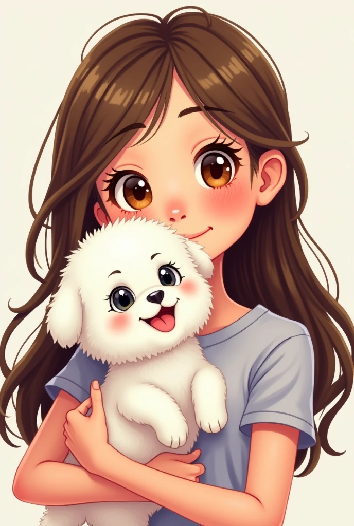 Teenage brunette girl in cartoon style holding a white puppy, the two looking forward covering each other's faces showing the girl's brown eyes and the dog's black eyes