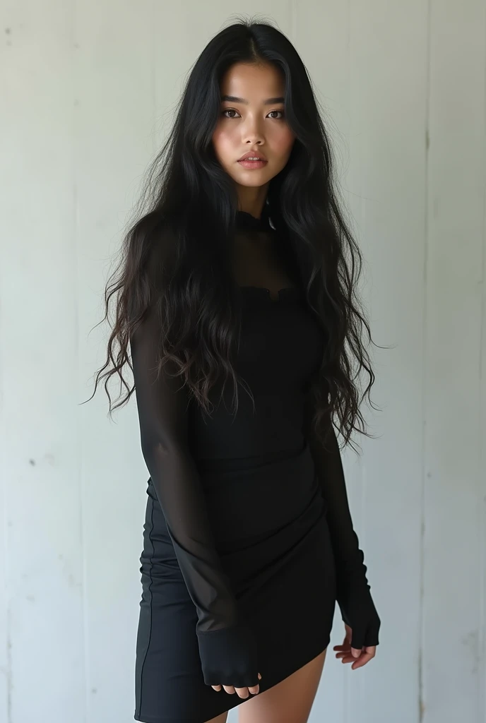 white girl with black hair full body.