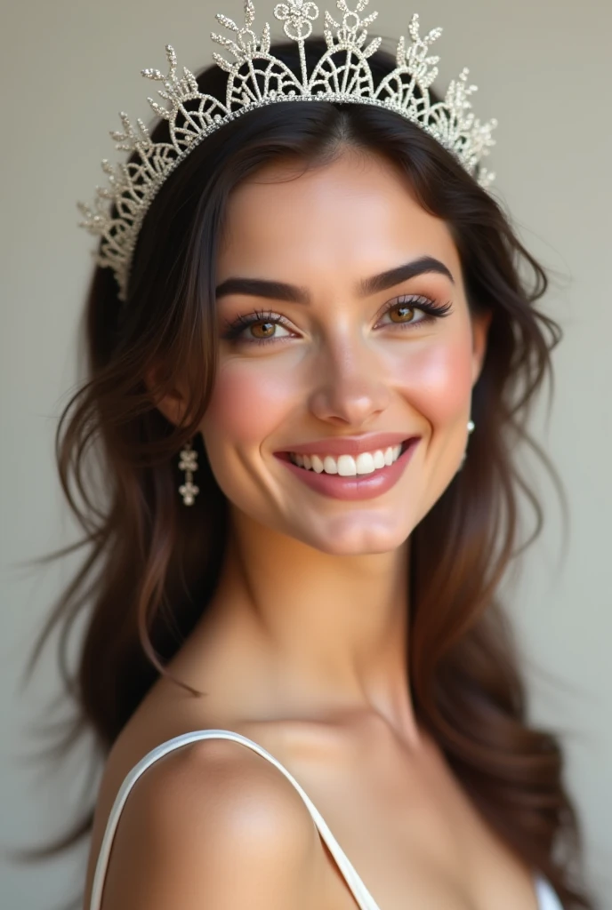 Generate image of Turkish girl of 25 years wearing trendy white colour small crown which enhances her beauty Here's a detailed description of her facial features, hair, and body shape:

Face:

- Heart-shaped face with high cheekbones and a pointed chin
- Smooth, fair skin with a subtle golden glow
- Full lips that curve into a bright, radiant smile
- Almond-shaped eyes that are deep brown in color, fringed with thick lashes
- Thick, well-defined eyebrows that add to her expressive gaze

Hair:

- Dark brown hair that falls in loose waves down her back
- Hair texture is thick and luscious, with a subtle sheen
- Often styled in a center parting, with a few strands framing her face

Body Shape:

- Slender yet curvy figure, with a  build
- Height is around 5'6" (168 cm)
- Proportional measurements, with a small waist and curves in all the right places
- Toned legs and arms, wearing her stylish outfits