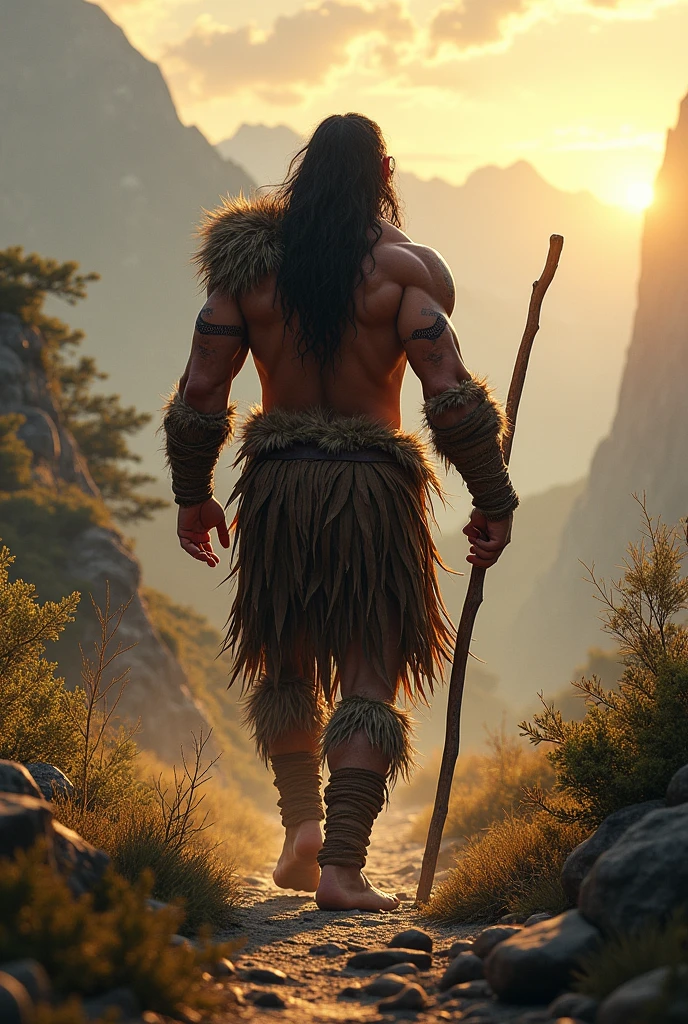 A strong man, primitive, wearing clothes made of animal skins, holding a cane and walking along a path towards a mountain. The man is standing with his back turned walking towards the sunset