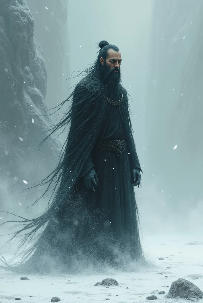 Generate an image depending on this following text Generate an image of image where the immortal and tormented protagonist. Your appearance should reflect your suffering, perhaps with a melancholic expression and a desolate look, in the middle of a gloomy and snowy landscape.With the style of Chinese Illustration.