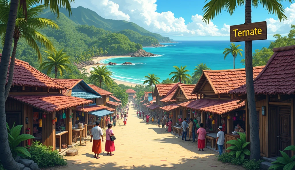 Village from ancient Ternate island, Maluku, Indonesia, there is a signpost that says "TERNATE"