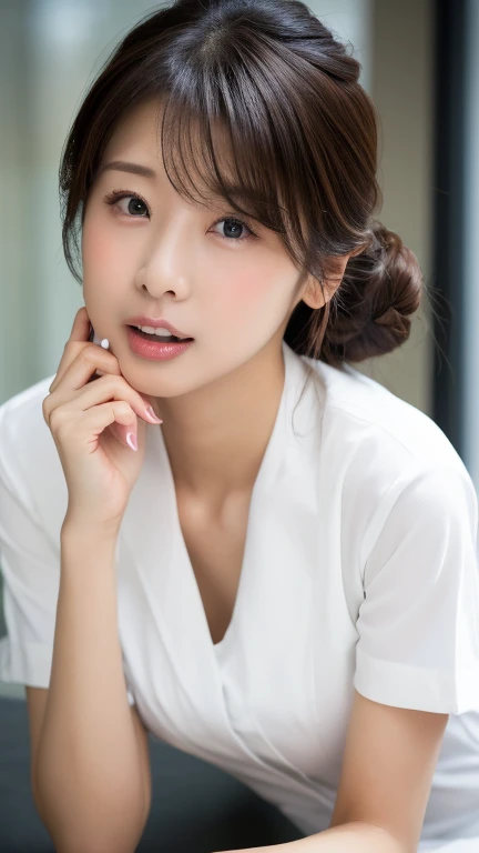 (masterpiece:1.3)、Super detailed finish、(High resolution、8k:1.3)、(highest quality)、(Super realistic like a photo:1.3)、professional portrait、professional writing、correct limbs、anatomically correct, The face is in focus、(close up on face:1.3)、 ultra high definition face、Face is in focus、Ultra high definition and beautiful eyes、focused eyes、Eyes are symmetrical:1.3、High-definition and beautiful skin、firm skin、Ultra high definition hair texture、japanese woman、30 years old、very cute, half updo:1.3, nurse、nurse break (White nursing uniform、white nurse uniform:1.3),hospital room, (embarrassed:1.3), (blush:1.3), (Strange look:1.3), Mr.々shooting angle:1.3, looking at viewer, nsfw, (all fours pose:1.3)、Open mouth and lick your finger:1.2, gigantic breasts, cleavages, colossal tits, angry face,