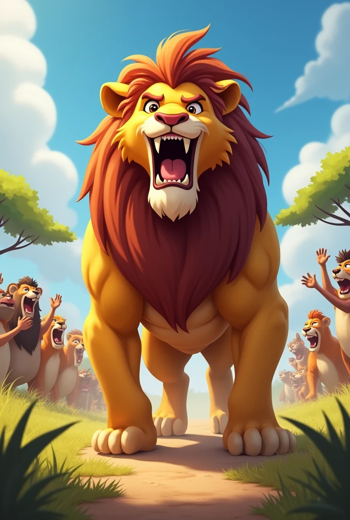 Detailed picture of a confident man anthro, (Lion, powerful body) standing proudly on the middle of the savanna, roaring with his mouth wide open. trending on Art Station, Ross Tran, ruan jia, foxovh, ((determined expression, the other animals are clapping and cheering in the background, cartoon