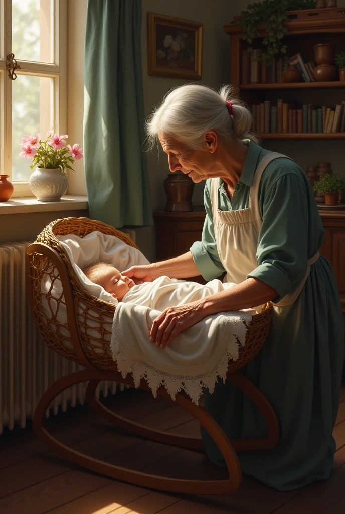 An old woman swings a cradle to care for her grandchild.