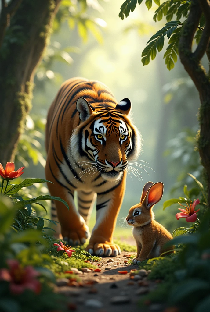 Rabbit in jungle walking in around tiger