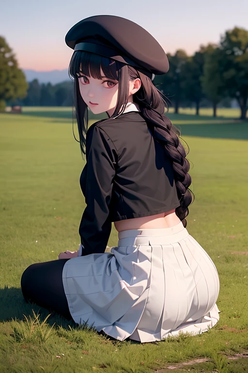 score_9, score_8_up, score_7_up, score_6_up, score_5_up, score_4_up, source_anime, aatomoyo, long hair, black hair, beret, white hat, straight bangs, purple eyes, small breasts, serafuku, white sailor collar, white scarf, black shirt, long sleeves, pleated skirt, white skirt on the side, field, sunset, wind, standing, cowboy shot, from the back, on all fours with her ass sticking out towards the camera, sexy position,