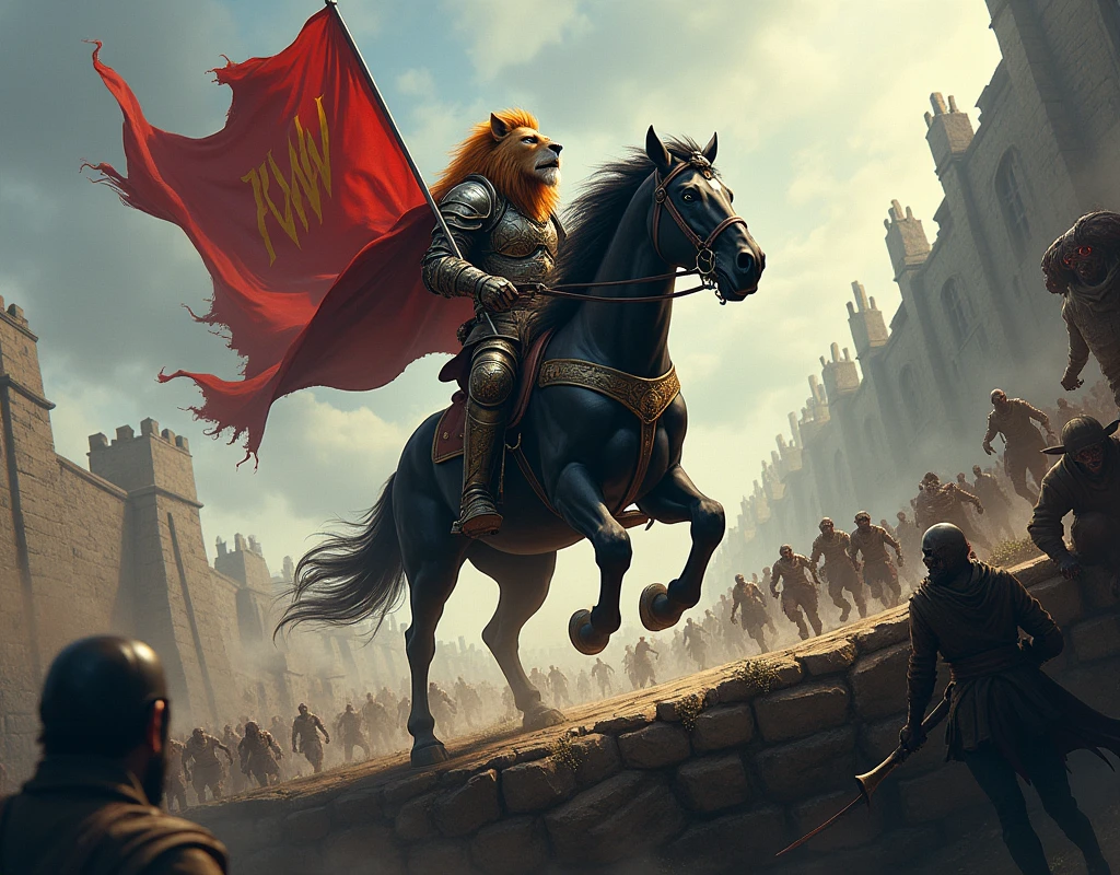 A warrior lion, riding his black horse, with a flag with the acronym PWW, crossing a bridge full of zombies