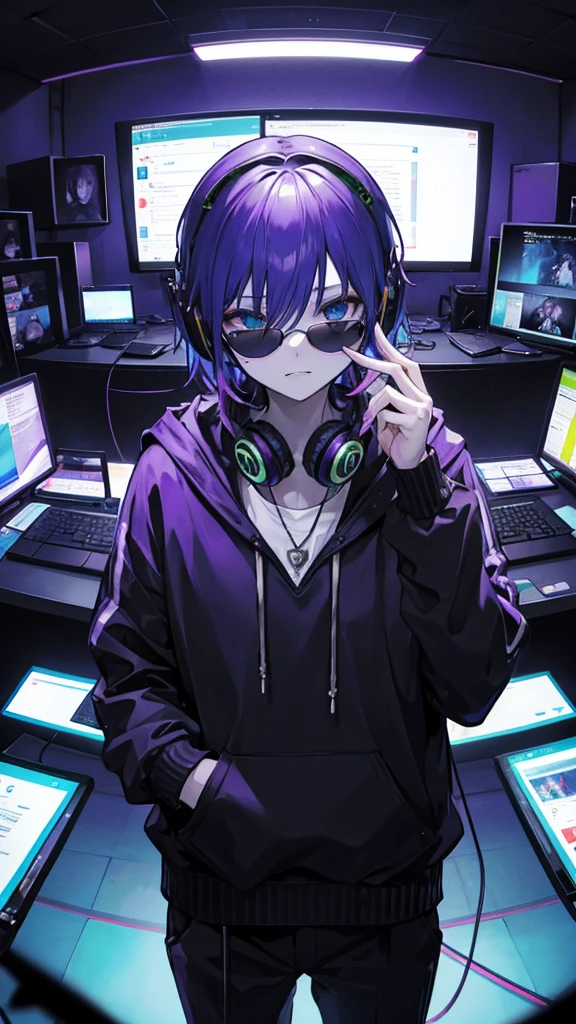 Joker with sweatshirt and sunglasses, headphones, in a room with several monitors, smartphones, tech equipment with RGB light, small room, claustrophobic technological environment, ultra realistically detailed