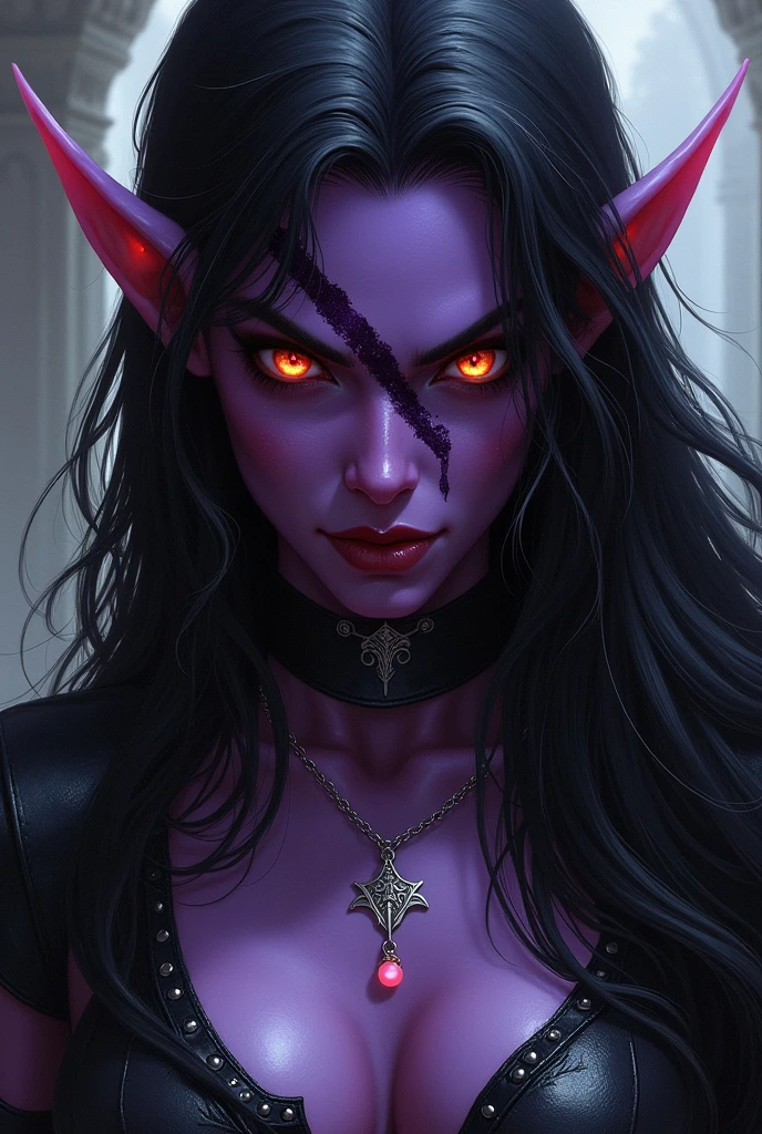 Fazer imagem de uma personagem tiefling feiticeira de d&d, purple skin, with a scar on her face, long black hair, fire colored eyes, infernal aura and super scary appearance with a single delicate silver necklace with a very small, slightly pink pearl inside the necklace, leather dress like armor covered chest