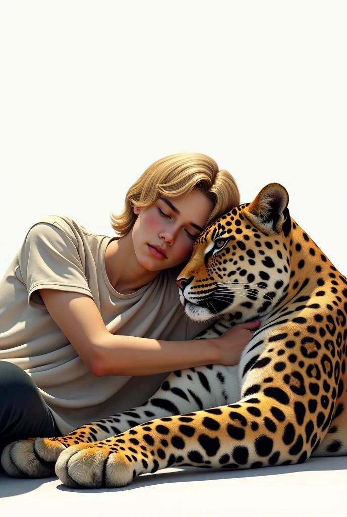 blond haired teenage man lying on the lap of a leopard with a white background that doesn&#39;t look so animated that it&#39;s more realistic