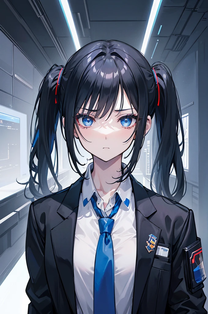 Face_through_torso, 1girl, short_twintails(black_hair), blue eyes(half closed_eyes), expression_face, A young character, wearing a black jacket typical of academic settings with a modern, cyberpunk twist. The outfit includes a crisp shirt paired with a short, blue tie, adding a futuristic flair while maintaining a formal appearance.
