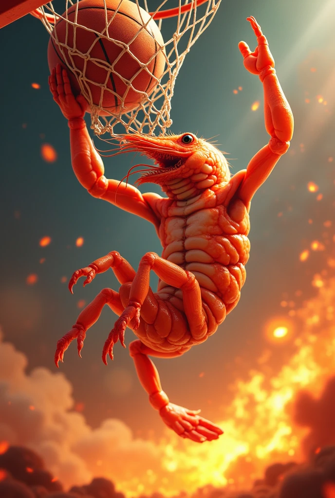 Shrimp doing basketball dunk on fire
