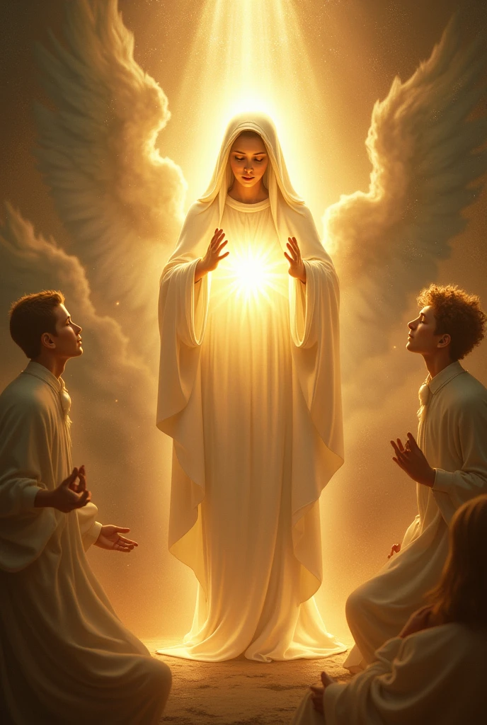 Create an image where the virgin of fatima (whose appearance is more brilliant than the sun, and
radiated a light more clear and intense than a crystal glass filled with
sparkling water, when the rays of the burning sun shine through it.) is saving a soul of a young male sinner (who is a soul not a physical body )and Our Lady opened her hands,
communicating to him a light so intense from her hands that, as it streamed from
her hands, its rays penetrated his heart and the innermost depths
of his soul, making him see himself in God, Who was that light,
more clearly than he sees himself in the best of mirrors at God's heavenly court where around her there are angels and seraphims( but the virgin of fatima does not have wings only the angels and seraphims)