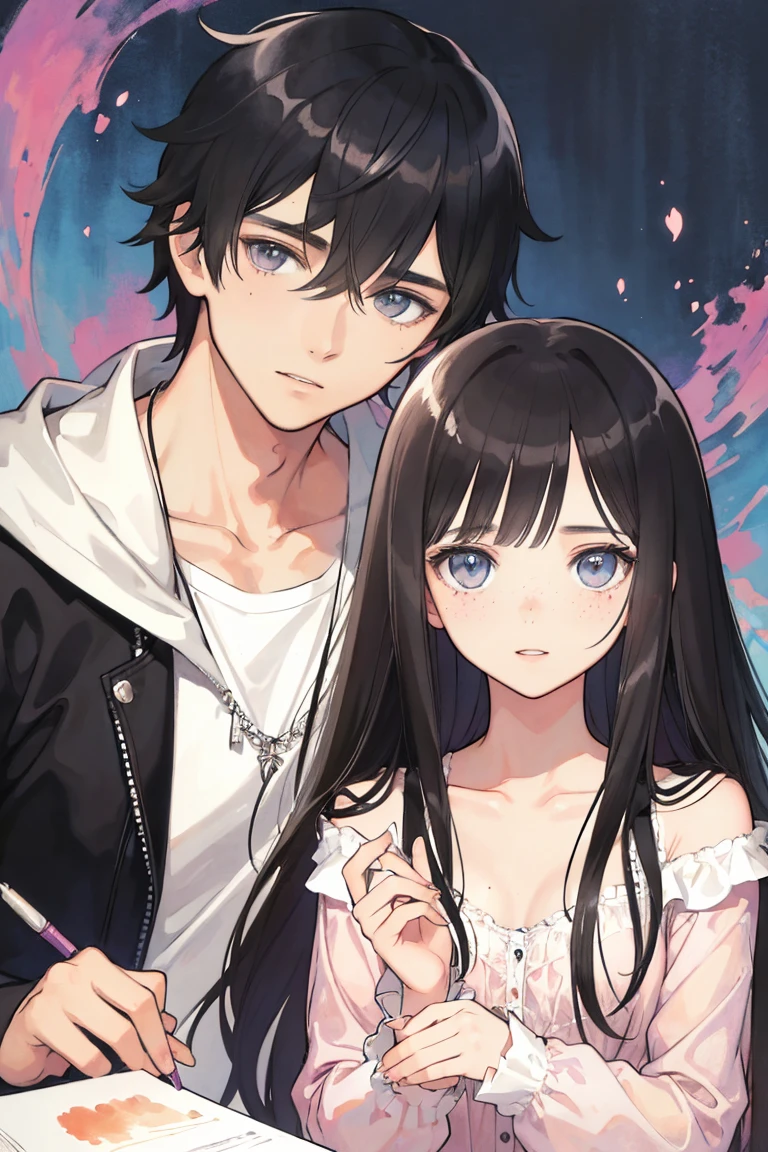 man and woman, couple, love, mature, a cat woman, she has freckles, she has dark brown eyes and an upturned nose, she is happy and smiling, she has long wavy hair, black hair, she is wearing aviator sunglasses with clear lenses in a soft watercolor style. The girl's clothes must be pink, purple, and blue in celebration of the bisexual, with stains of ink and watercolor mixing and filling the scene. he has blonde hair, he is handsome, he is slim. There should be a subtle, nuanced change in colors using the impasto technique with gouache paint. There should be a light rain in the watercolor painting with a little watercolor paper texture and a pastel background.