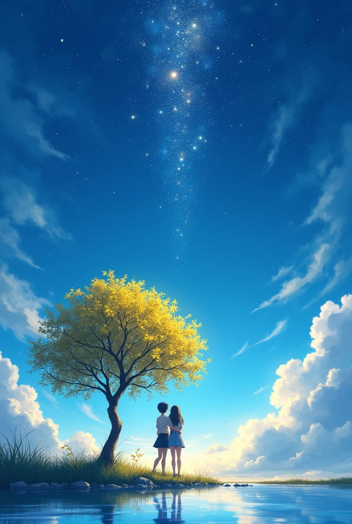 Two best friends and blue sky and star rain and one tree yellow colour anime character and show a water beautiful stars 4K 