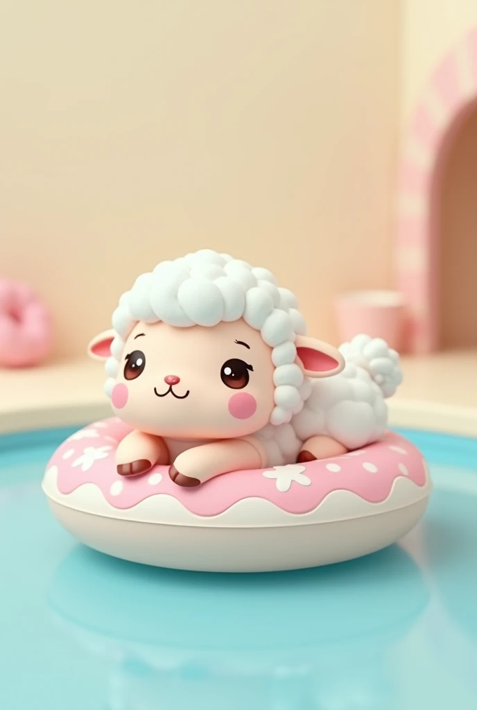 3d, Simple and cute, With gentle colors like a picture book , 8k, Highest quality,cute,Big anime eyes,Cute lamb on a swim ring.,mascot