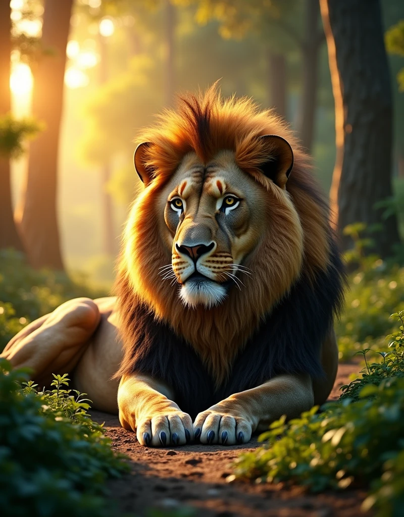 create a big lion, looking at the camera, focused look, lying in a forest, sunset background, 8k, super realistic, super detailed,.