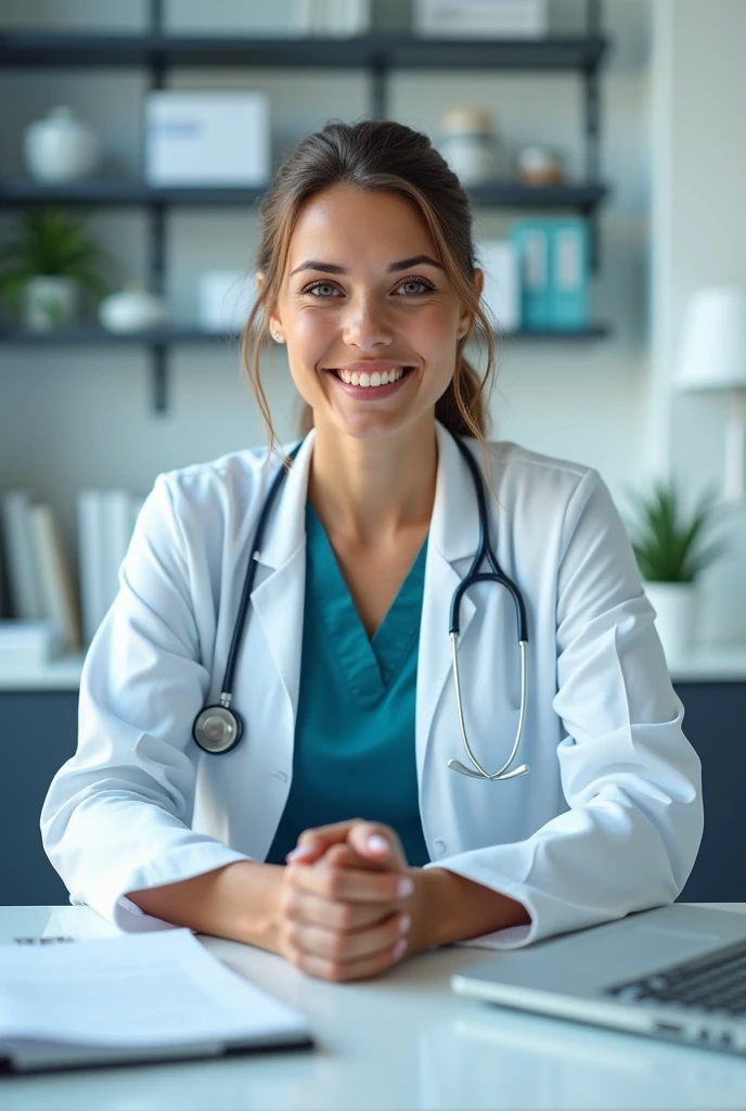 A doctor sit more  her face front 
