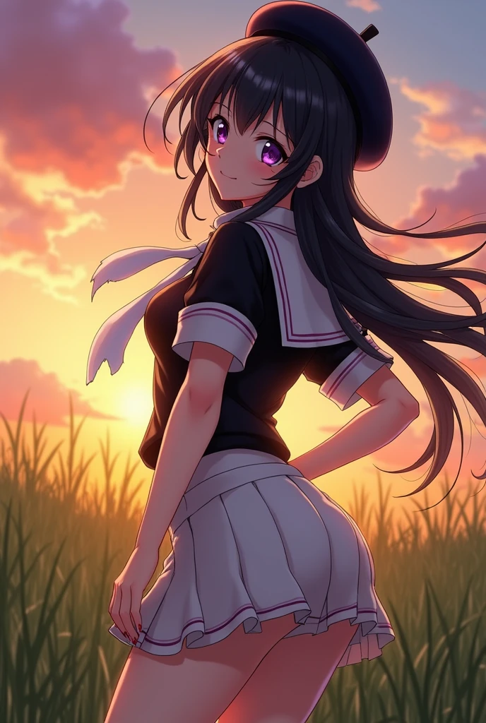 score_9, score_8_up, score_7_up, score_6_up, score_5_up, score_4_up, source_anime, aatomoyo, long hair, black hair, beret, white hat, straight bangs, purple eyes, small breasts, serafuku, white sailor collar, white scarf, black shirt, long sleeves, pleated skirt, white skirt on the side, field, sunset, wind, standing, cowboy shot, from the back, on all fours with her ass sticking out towards the camera, sexy position,