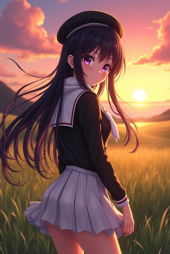 score_9, score_8_up, score_7_up, score_6_up, score_5_up, score_4_up, source_anime, aatomoyo, long hair, black hair, beret, white hat, straight bangs, purple eyes, small breasts, serafuku, white sailor collar, white scarf, black shirt, long sleeves, pleated skirt, white skirt on the side, field, sunset, wind, standing, cowboy shot, from the back, on all fours with her ass sticking out towards the camera, sexy position,