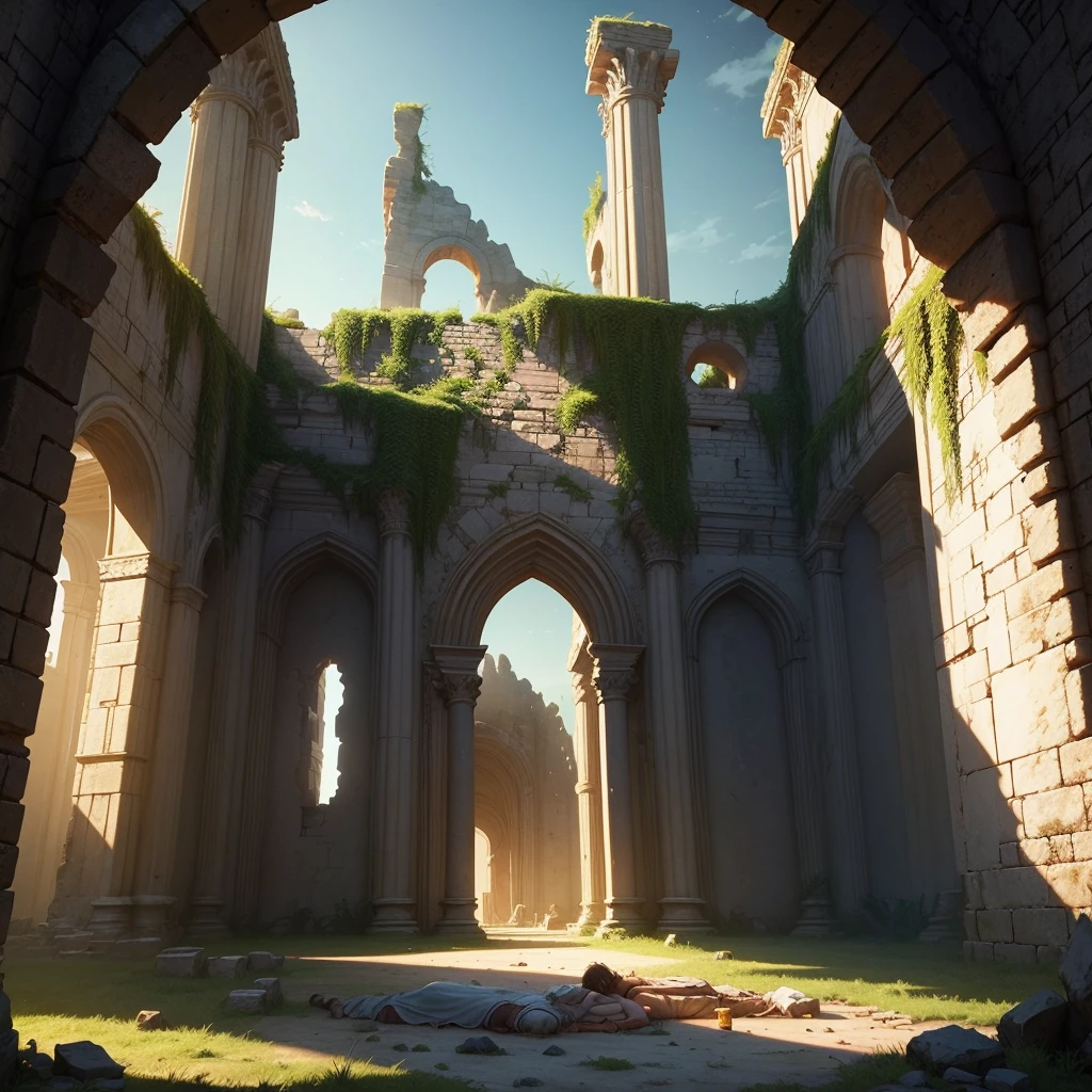 Beautiful ruined ancient castle interior with peaceful creatures sleeping against the evening sky in a semi-realistic animation style.