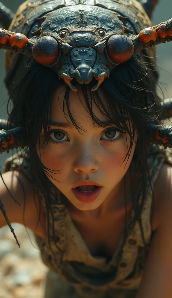 detailed portrait of a young girl trapped by a giant insect, beautiful detailed eyes, beautiful detailed lips, extremely detailed face, long eyelashes, frightened expression, tattered clothing, struggling pose, photorealistic, cinematic lighting, dramatic shadows, earthy color palette, digital painting, 8k, highly detailed, masterpiece, award winning