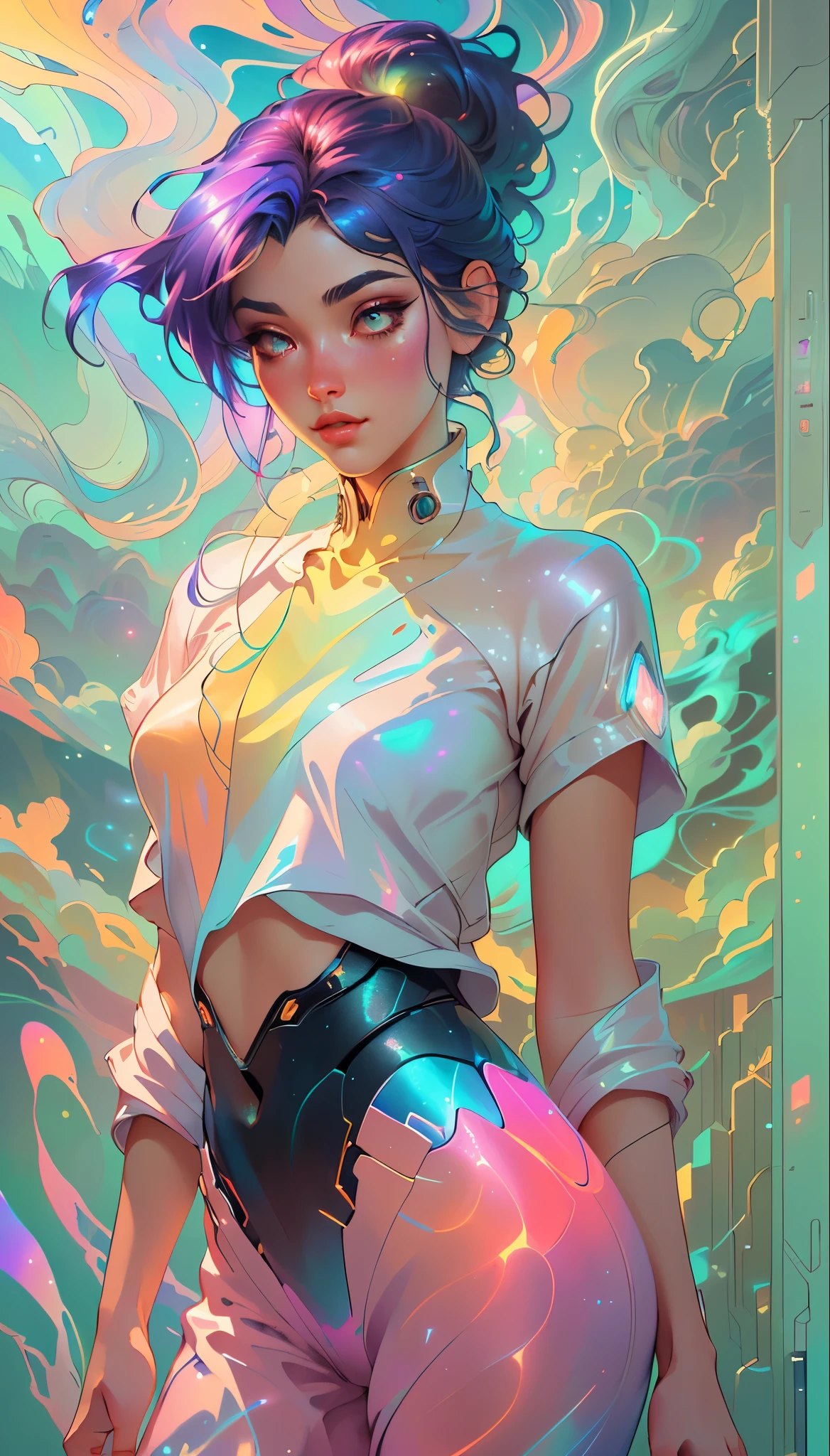 Concept art, medium shot. A woman in a shiny holographic suit, relaxed pose, amongst clouds with a neon rainbow in a vibrant sky. Close up. Hyper-realistic illustration with dynamic, ethereal lighting. Gentle, wispy strands of hair flow, soft stars shimmer, pastel hues interact with neon. Golden sunset, luminescent colors, and vibrant, iridescent clouds.  Triadic colors, 8k resolution, intricately detailed, trending on Artstation, Unreal Engine 5, volumetric lighting, cinematic. Hajime Sorayama, Greg Rutkowski, WLOP, Jordan Grimmer, Alphonse Mucha, retro futurism, sci-fi, futuristic, fantasy, women in art, intricately detailed, very