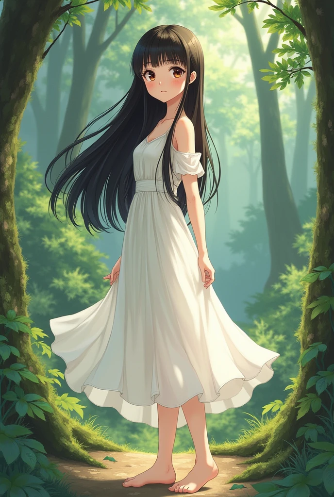 A brunette anime girl with straight, very long hair, blunt bangs.
She is wearing a white dress. Her eyes are brown. She has beauty marks.
She is in nature.
She is barefeet.
She is very beautiful.
