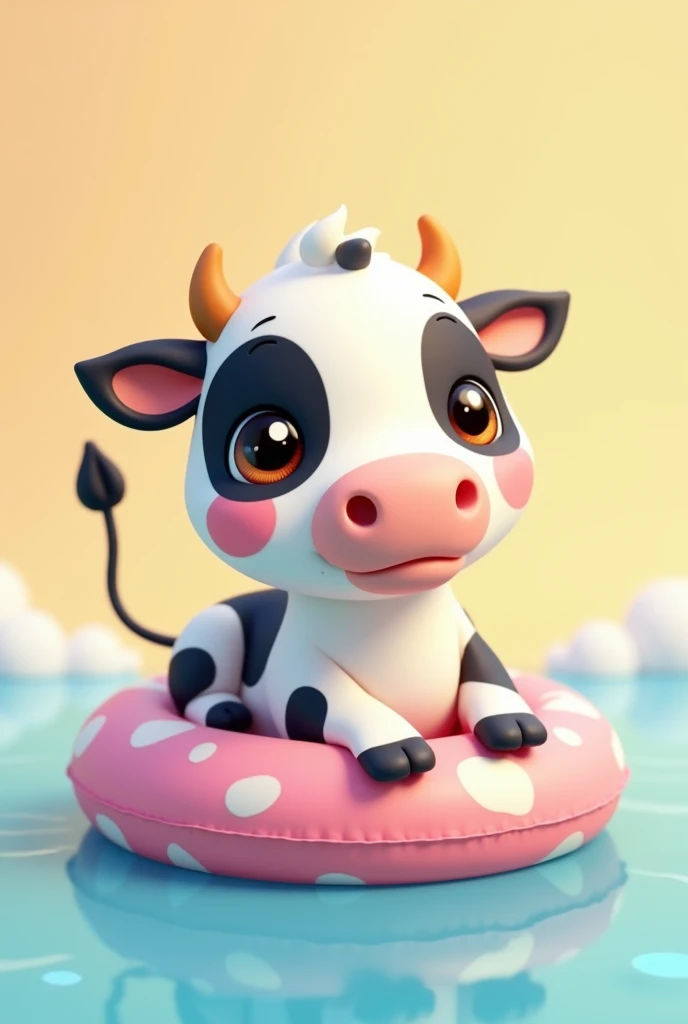 3d, Simple and cute, With gentle colors like a picture book , 8k, Highest quality,cute,Big anime eyes,Cute calf on a swim ring.,mascot,Holstein