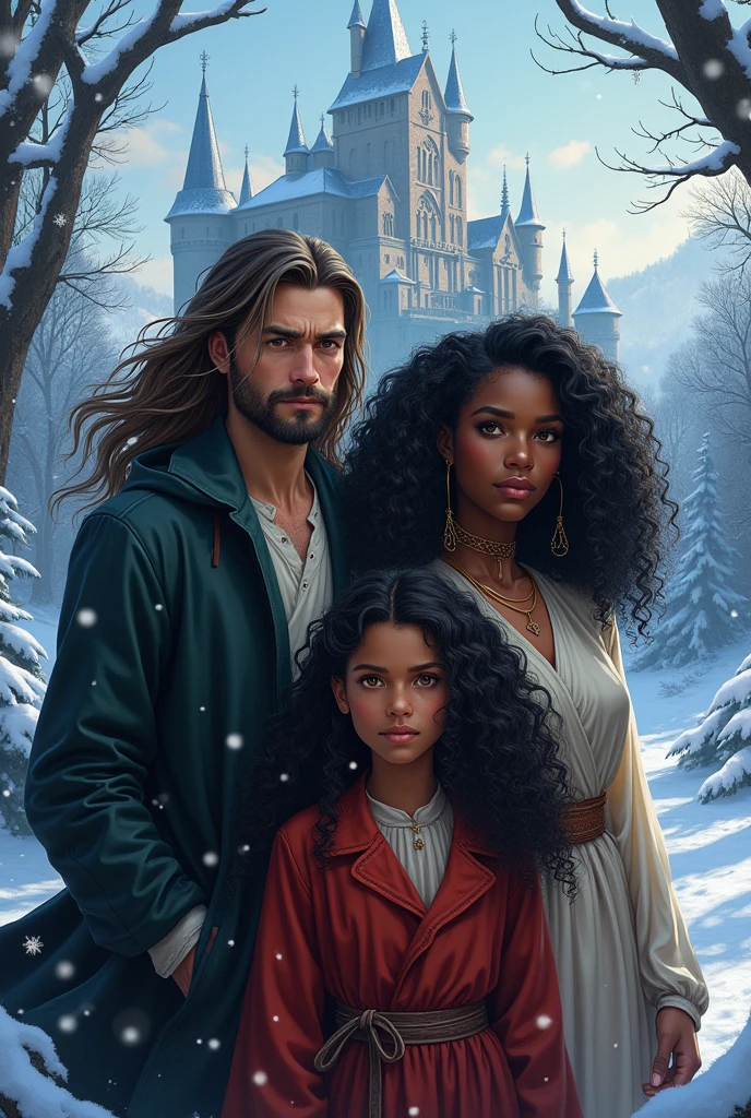 Book cover, destiny, traced, a man with long hair and a woman with black skin, curly hair, there is an eleven-year-old teenager, black hair, daughter of the couple, castle, snow, Christmas 
