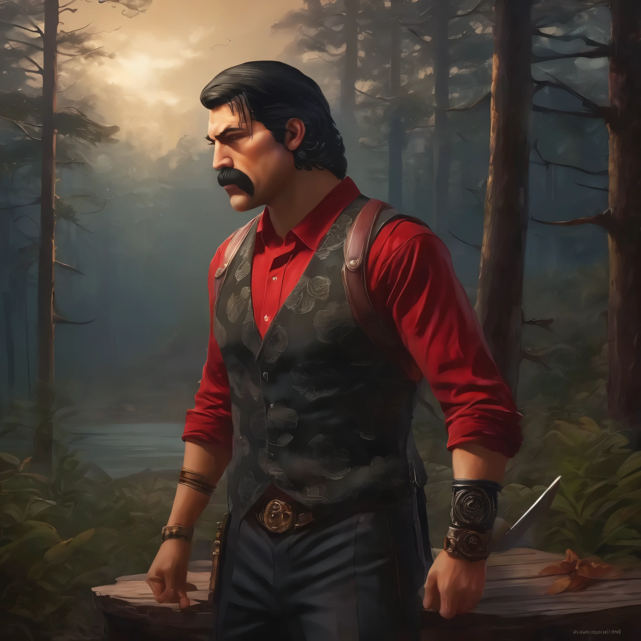 (obra maestra, Mejor calidad:1.2), 1 chico, thenahualli, serious, dangerous man, elegant, elegante, black vest, red shirt, standing, wielding a knife, battle knife, forest, cabin in background, foggy, dark atmosphere, (((night))), (((realistic, detailed, photorealistic)))