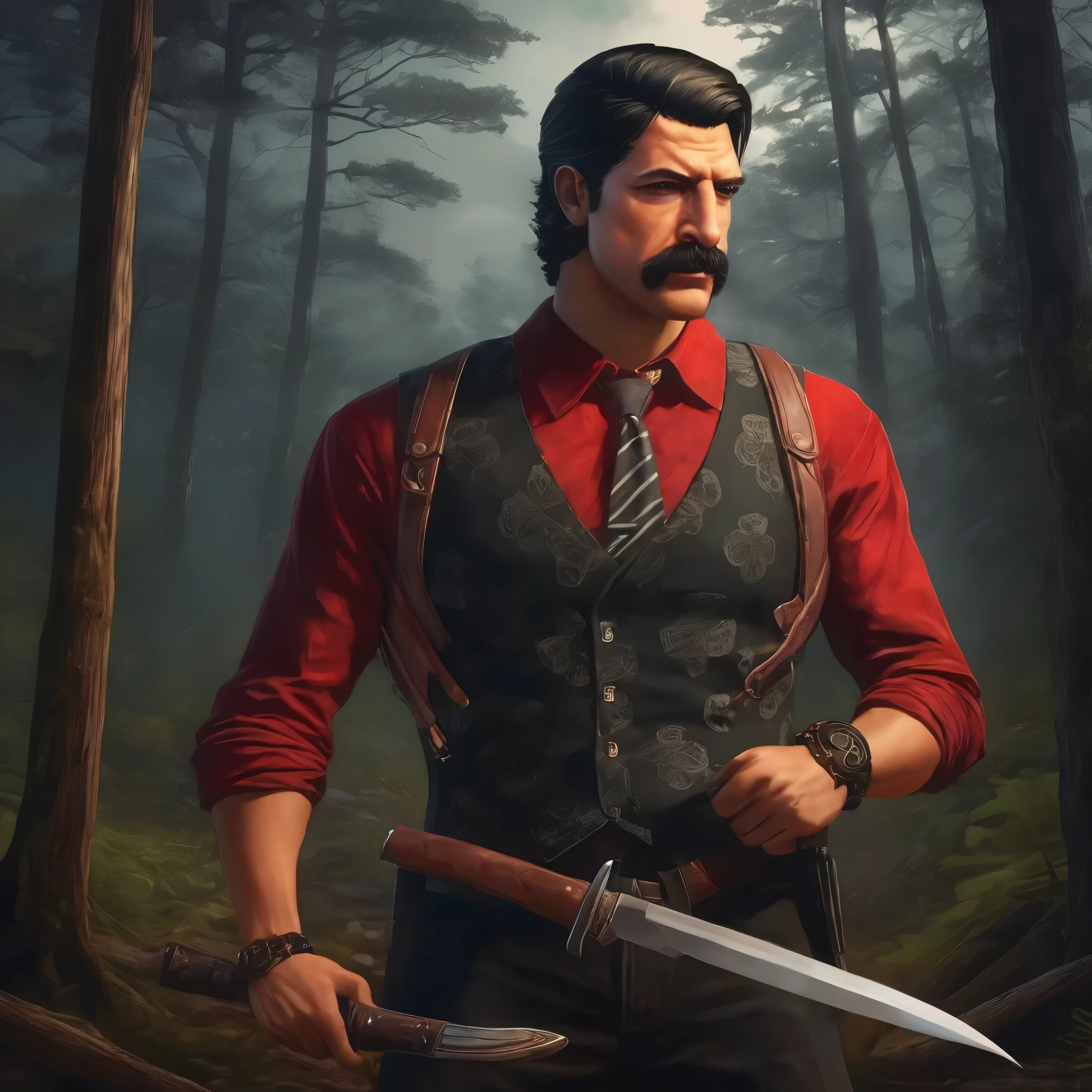 (obra maestra, Mejor calidad:1.2), 1 chico, thenahualli, serious, dangerous man, elegant, elegante, black vest, red shirt, standing, wielding a knife, battle knife, forest, cabin in background, foggy, dark atmosphere, (((night))), (((realistic, detailed, photorealistic)))