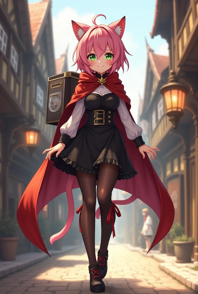 Diona From Genshin impact, ((carrying a small refrigerator on your back like a backpack)), masterpiece, best quality, cinematic lighting , looking at a viewer, smile, pink hair, hat, cat ears, cat tail, green eyes, Full body, smile, walking, in the medieval city, 1girl, (Black dress, corset, belt, black skirt, cloak, red cape, red hood, pantyhose).