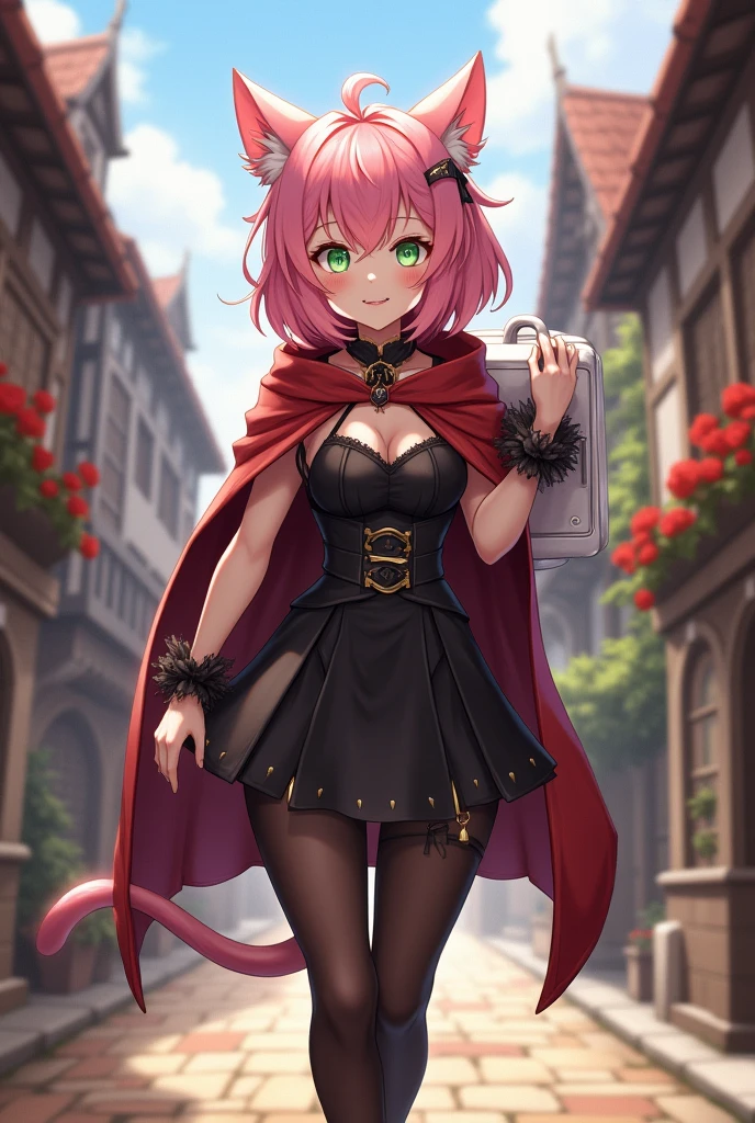 Diona From Genshin impact, ((carrying a small refrigerator on your back like a backpack)), masterpiece, best quality, cinematic lighting , looking at a viewer, smile, pink hair, hat, cat ears, cat tail, green eyes, Full body, smile, walking, in the medieval city, 1girl, (Black dress, corset, belt, black skirt, cloak, red cape, red hood, pantyhose).