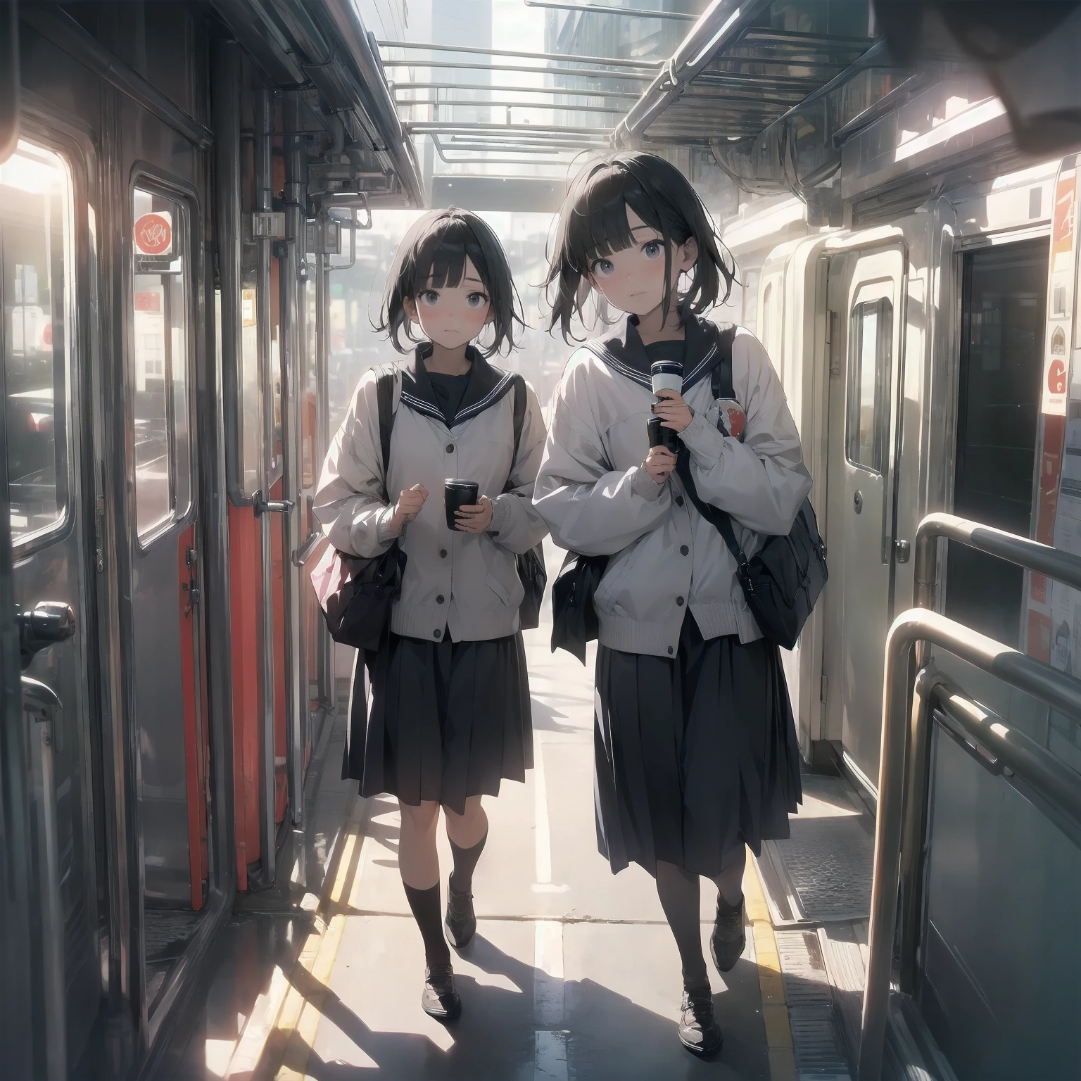 Portraiture, documentary, photograph, A girl is gender-neutral middle school student with short black hair and , 疲れた表情でCommuting路を歩いている , skirt, Commuting route, high quality, Realistic, Eye-level shot, Medium Shot, Front view, Natural light, Commuting,break,One person, (alone, face,:1.5),Middle school students, The charm of androgyny, Flat Chest, Small Ass, Beautiful and exquisite black eyes, Disgusted Eyes,break,((最high quality,Anime Style, Super detailed,High resolution,Highly detailed CG,unity 8k wallpaper,By famous artists,Perfect Anatomy,Highly detailed skin,Cinema Lighting)),Japan railway crossing