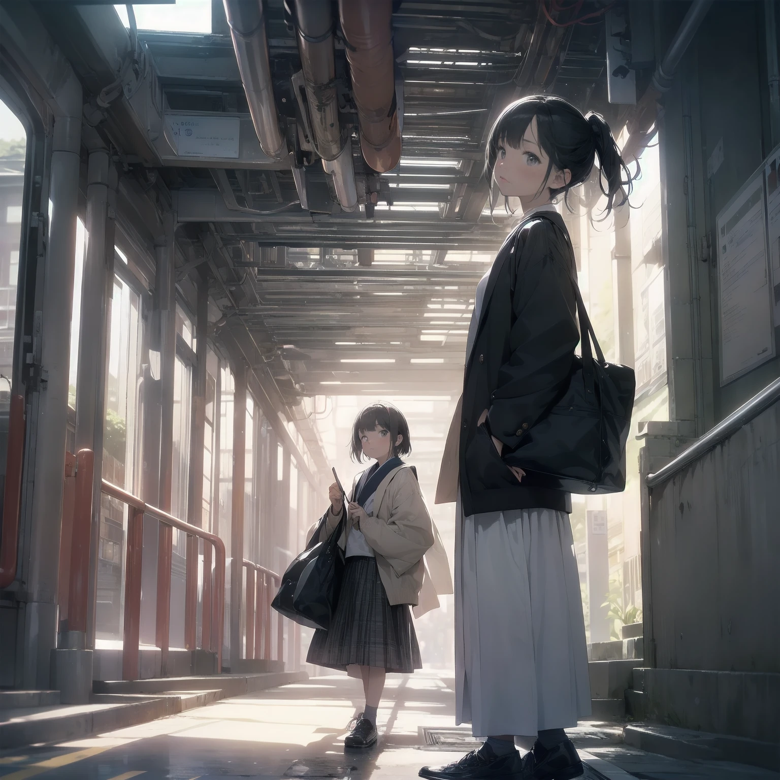 Portraiture, documentary, photograph, A girl is 13 years old gender-neutral middle school student with short black hair and , 疲れた表情でCommuting路を歩いている , skirt, Commuting route, high quality, Realistic, Eye-level shot, Medium Shot, Front view, Natural light, Commuting,break,One person, (alone, face,:1.5),Middle school students, The charm of androgyny, Flat Chest, Small Ass, Beautiful and exquisite black eyes, Disgusted Eyes,break,((最high quality,Anime Style, Super detailed,High resolution,Highly detailed CG,unity 8k wallpaper,By famous artists,Perfect Anatomy,Highly detailed skin,Cinema Lighting)),Japan railway crossing