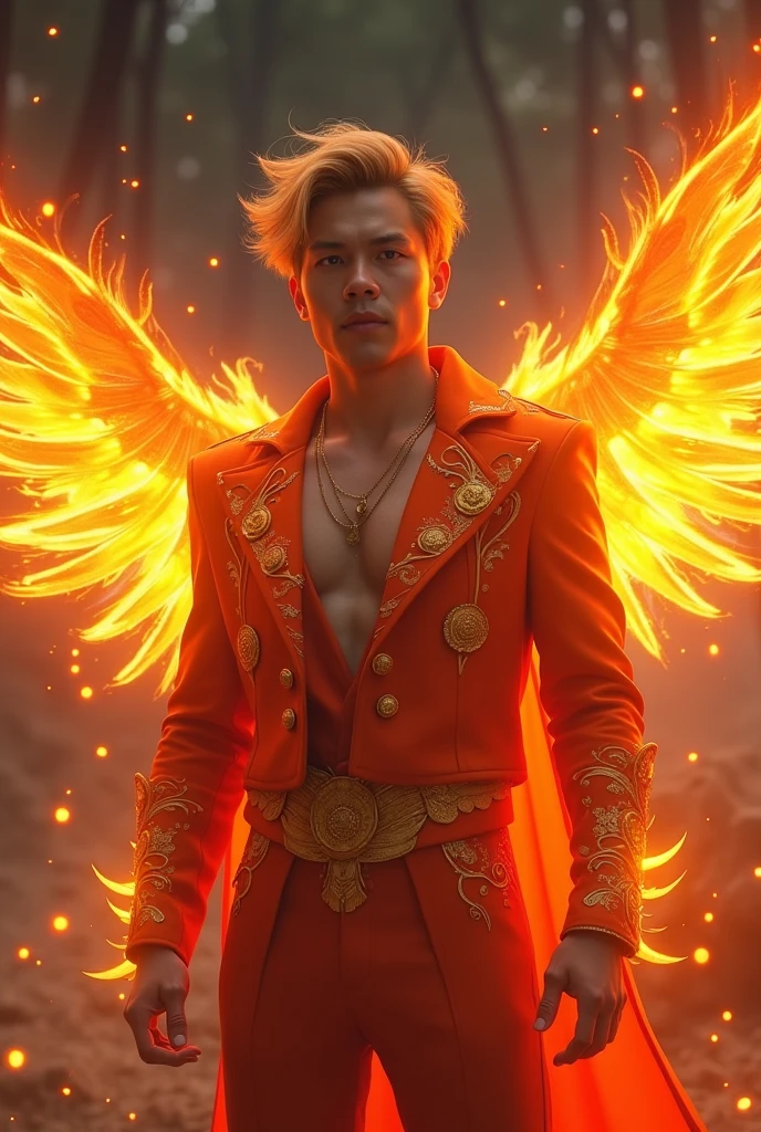 a young man in a vibrant outfit that combines shades of red and orange, with golden details that resemble flames. The dress is decorated with fire patterns that glow slightly. Has golden hair, with a slight ripple, and bright orange or amber eyes. He has a warm and bright aura. Its wings are small and flaming, looking almost like they were made of moving fire. realisitic, whole body