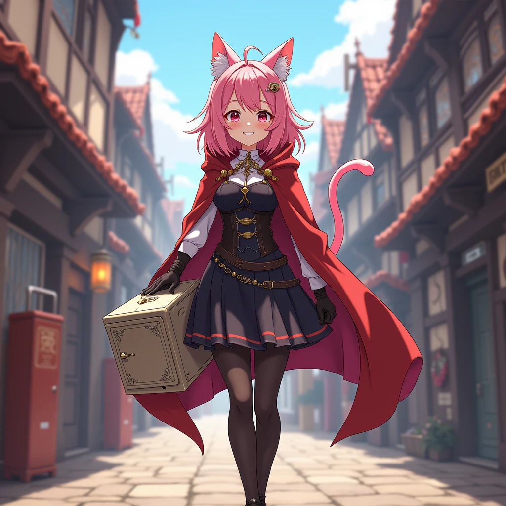 Diona From Genshin impact, ((carrying a small refrigerator on your back)), masterpiece, best quality, cinematic lighting , looking at a viewer, smile, pink hair, hat, cat ears, cat tail, green eyes, Full body, smile, walking, in the medieval city, 1girl, (Black dress, corset, belt, black skirt, cloak, red cape, red hood, pantyhose).